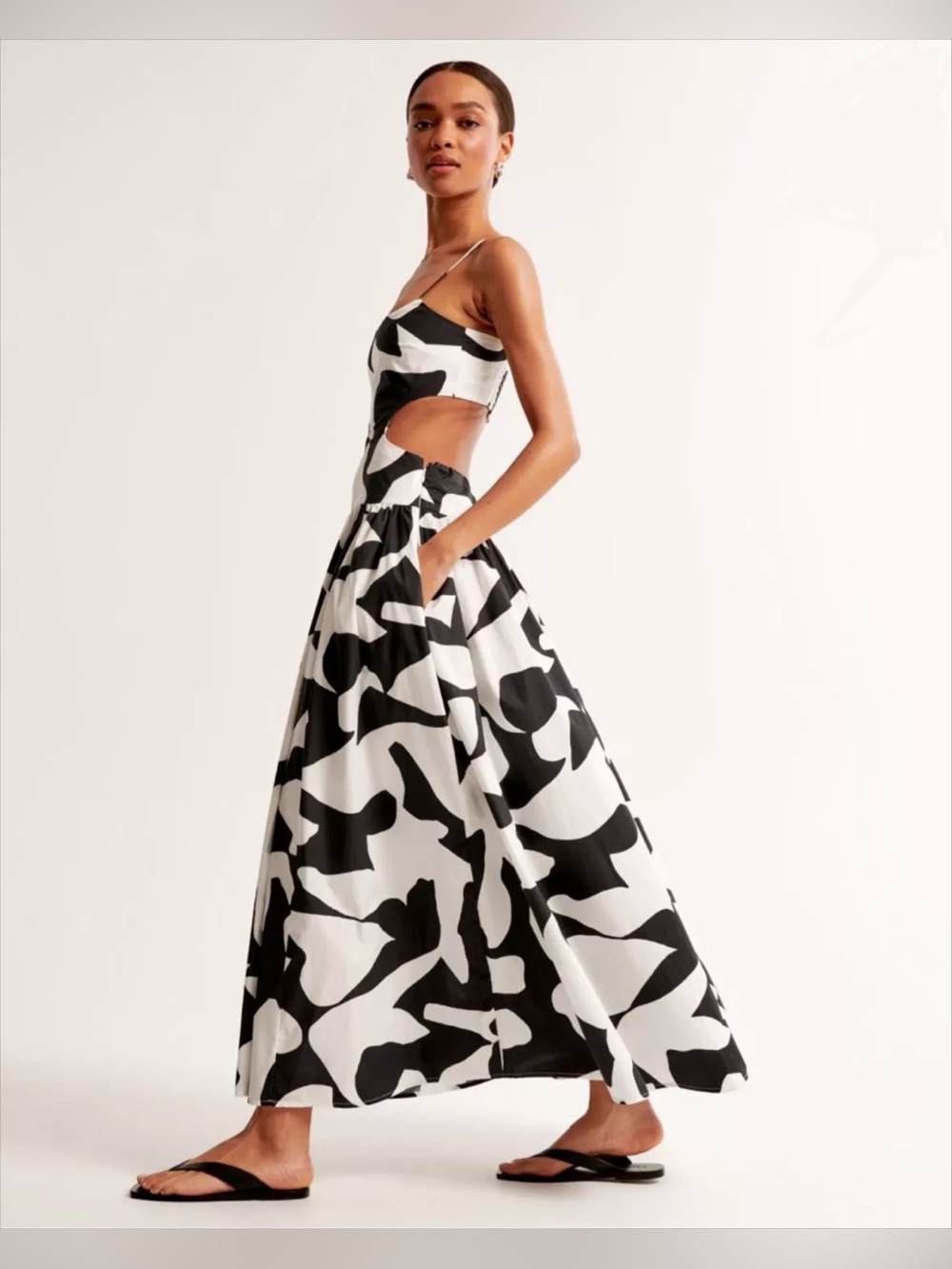 ABERCROMBIE Drop Waist Cutout Black White Maxi Dress Cotton Size Large